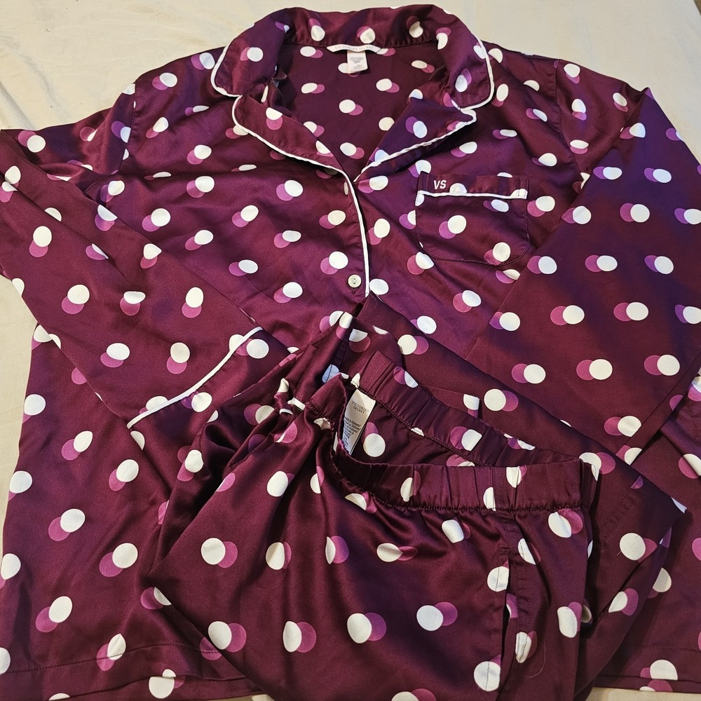 Victoria's Secret Pajama Set Red White Polka Dots Pants Long Sleeve Size Large